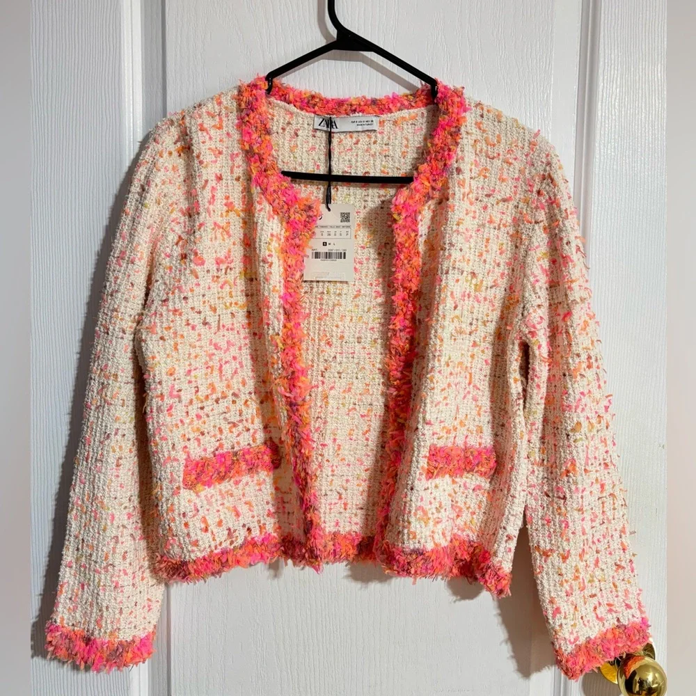 NWT Zara Tweed Confetti Colourful Open Blazer Mock Pockets Size Small - Picture 1 of 12